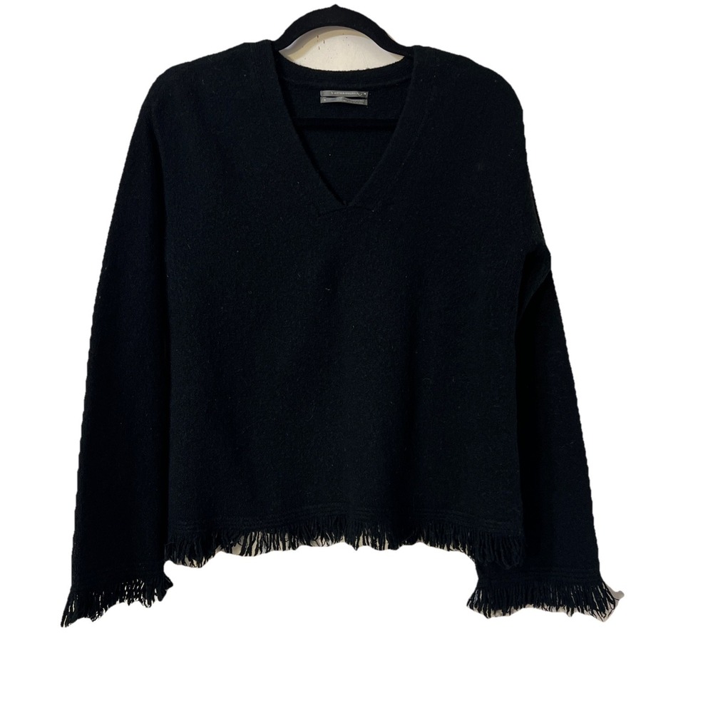 By Anthropologie Joy Fringe Sweater Womens‎ Small Black V Neck Bell Sleeve